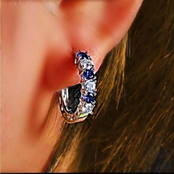 Beautiful Blue and White 2.20 Ct. Sapphire Hoop Earrings 14K White Gold on 925 - Picture 2 of 8